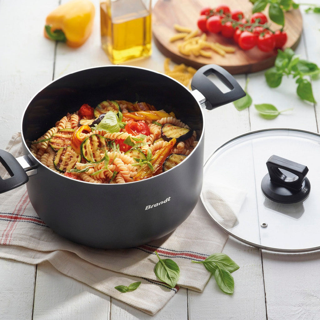 BRANDT - Set De 3 Poêles + 3 Casseroles + 3 Couvercles + 3 Couvercles Hermétiques + Marmite Avec Couvercle + 2 Poignées Amovibles - Noir