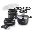 BRANDT - Set De 3 Poêles + 3 Casseroles + 3 Couvercles + 3 Couvercles Hermétiques + Marmite Avec Couvercle + 2 Poignées Amovibles - Noir