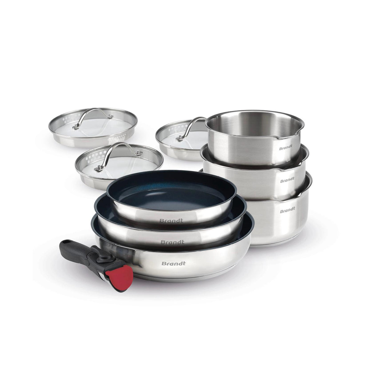 Sæt Med 3 Gryder I Rustfrit Stål + 3 Stegepander Med Non-Stick-Belægning + 1 Aftageligt Håndtag + 3 Si-Låg Med Håndtag I Rustfrit Stål - Sølv/Sort/Rød