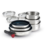 BRANDT - Set of 3 Stainless Steel Saucepans + 3 Non-Stick Coated Frying Pans + 1 Removable Handle + 3 Strainer Lids with Stainless Steel Handle - Silver / Black / Red
