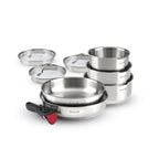 Set De 3 Cacerolas En Acero Inoxidable + 2 Sartenes + 1 Mango Extraíble + 3 Tapas Escurridor Con Mango En Acero Inoxidable - Plateado/Negro/Rojo