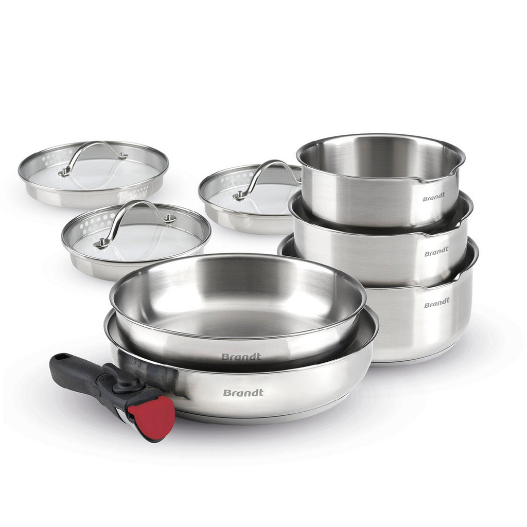 BRANDT - Set of 3 Stainless Steel Saucepans + 2 Frying Pans + 1 Removable Handle + 3 Strainer Lids with Stainless Steel Handle - Silver / Black / Red