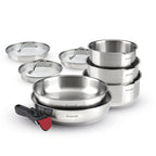 BRANDT - Set of 3 Stainless Steel Saucepans + 2 Frying Pans + 1 Removable Handle + 3 Strainer Lids with Stainless Steel Handle - Silver / Black / Red