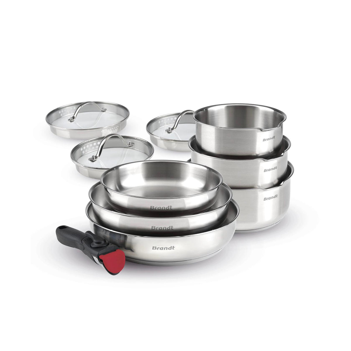Set Med 3 Kastruller I Rostfritt Stål + 3 Stekpannor + 1 Avtagbart Handtag + 3 Silock Med Handtag I Rostfritt Stål - Silver/Svart/Röd