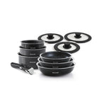 Set med 3 stekpannor i aluminium + Set med 3 kastruller i aluminium + 3 glaslock med silikonknopp
