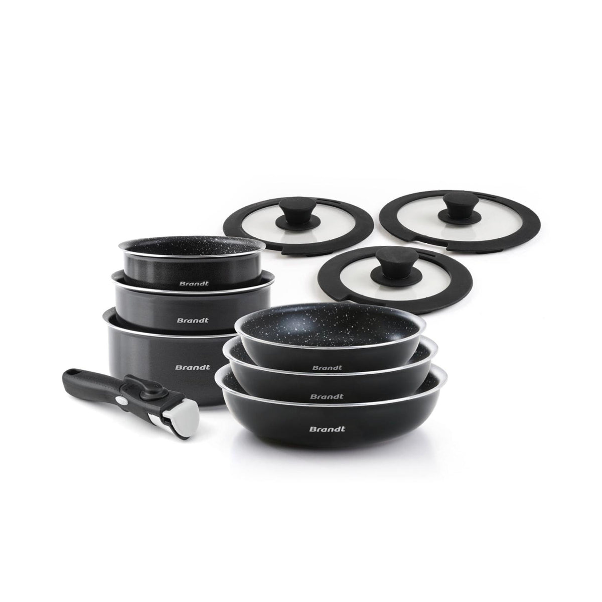 Set med 3 stekpannor i aluminium + Set med 3 kastruller i aluminium + 3 glaslock med silikonknopp