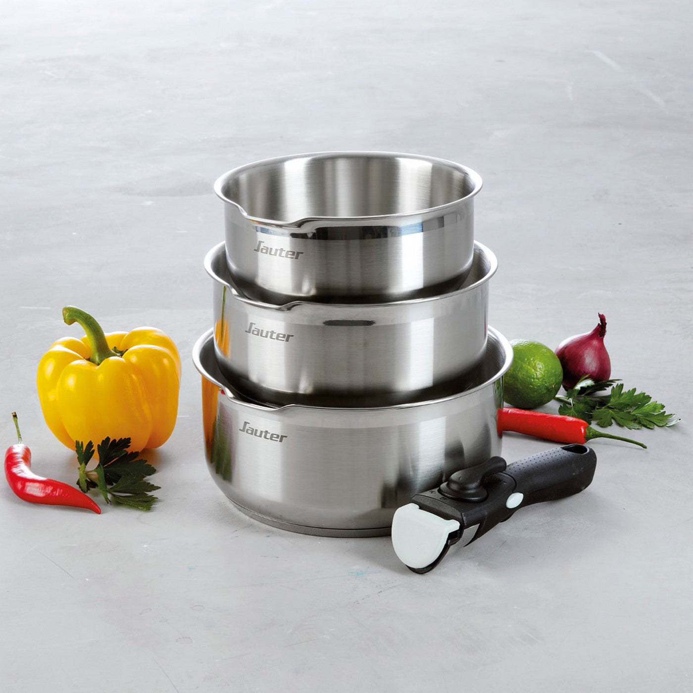 Set De 3 Casseroles Avec Poignée Amovible - Argenté