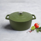 Round Cast Steel Casserole Dish - Matt Green - 25cm