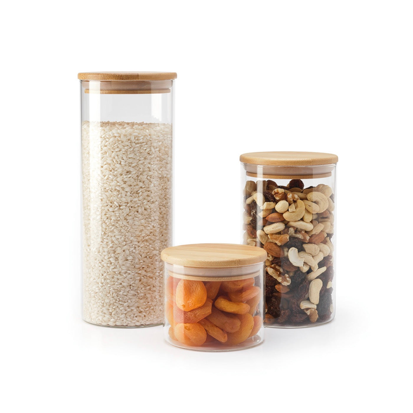 Set of 7 Glass Containers with Bamboo Lids - Transparent