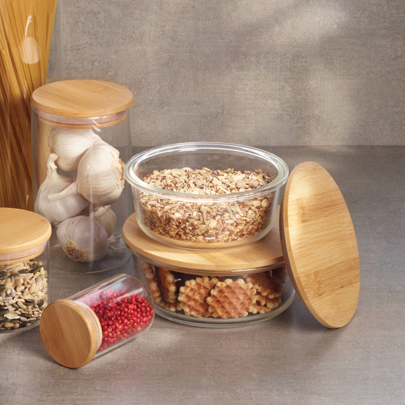 Set of 7 Glass Containers with Bamboo Lids - Transparent