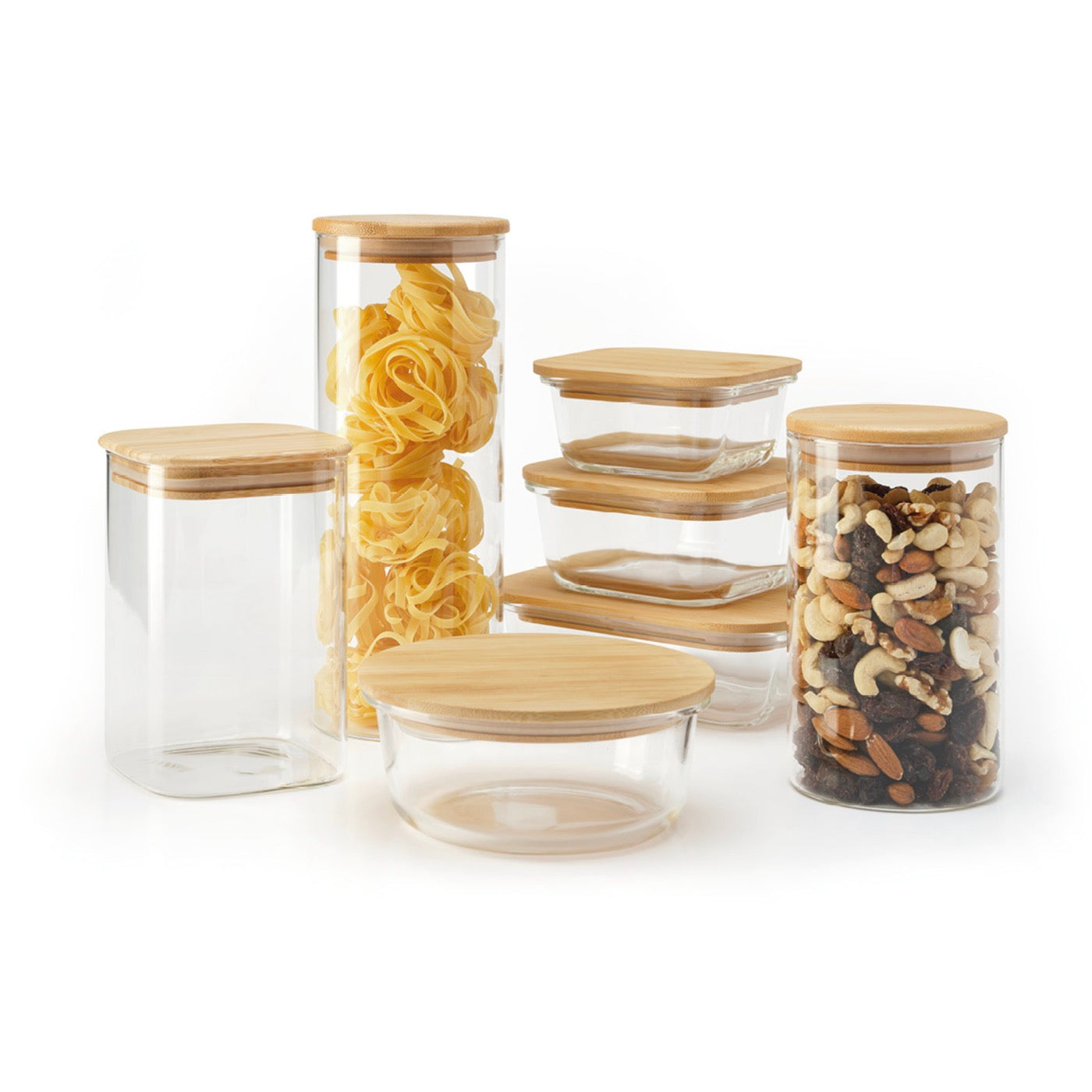 Set of 7 Glass Containers with Bamboo Lids - Transparent