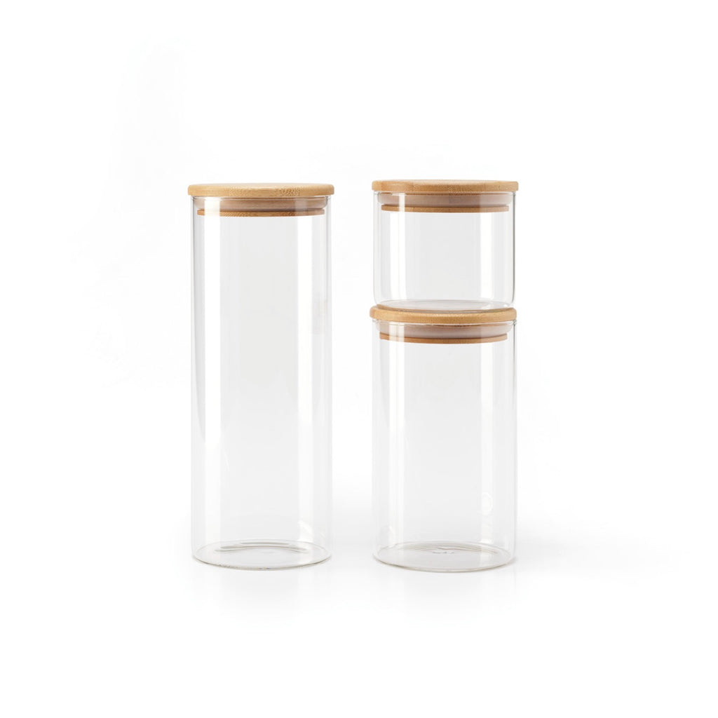 Set of 3 Round Glass Jars with Bamboo Lids - Transparent