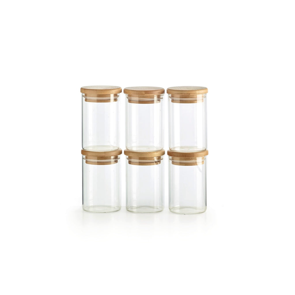 Set of 6 Small Glass Spice Jars with Bamboo Lids - Transparent