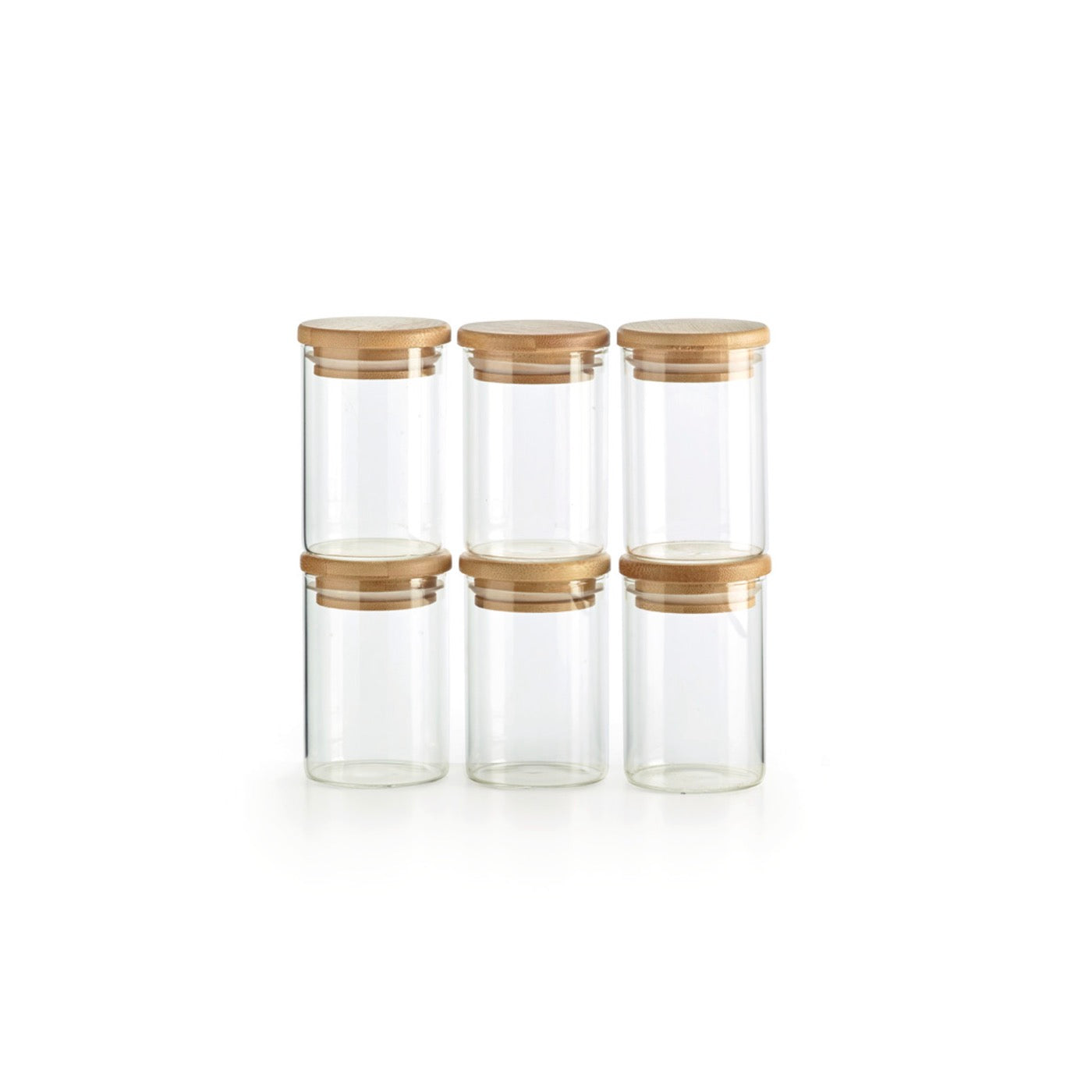 Set of 6 Small Glass Spice Jars with Bamboo Lids - Transparent
