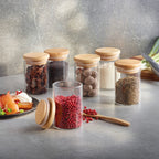 Set of 6 Small Glass Spice Jars with Bamboo Lids - Transparent