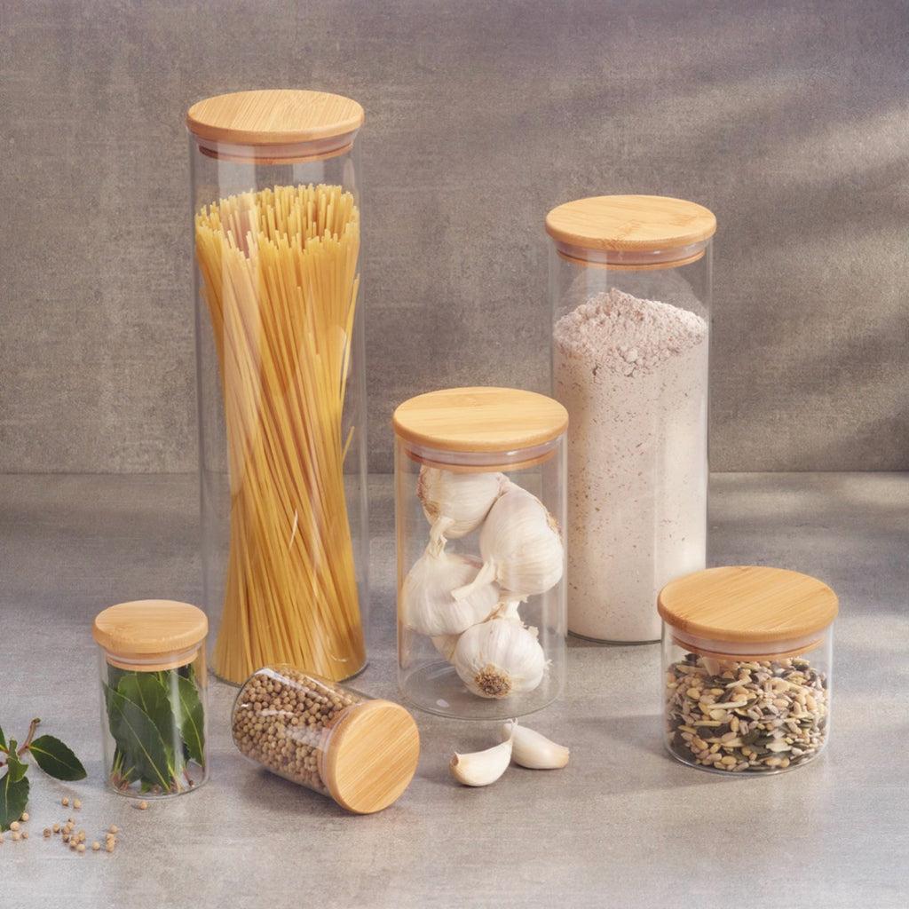 Set of 6 Small Glass Spice Jars with Bamboo Lids - Transparent