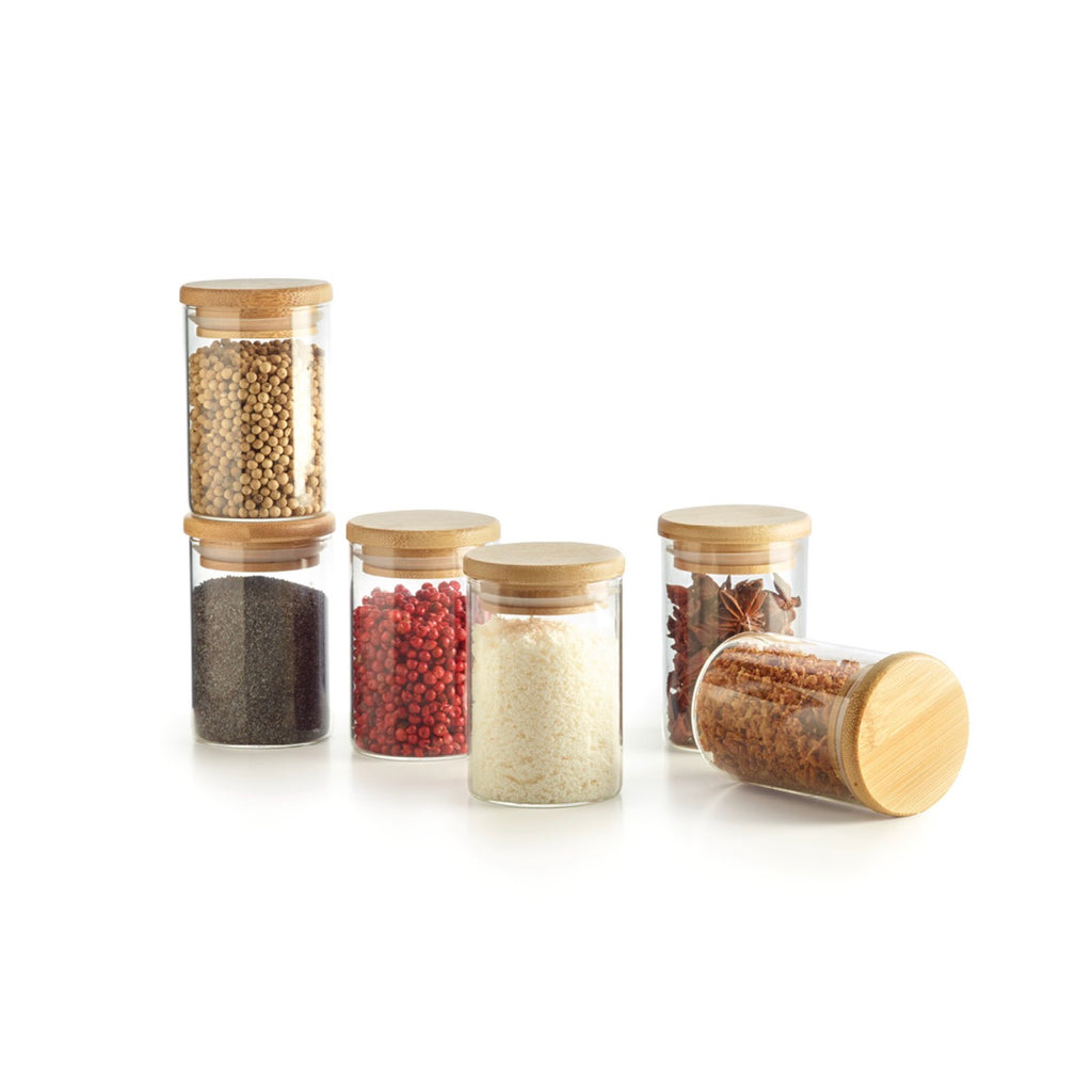 Set of 6 Small Glass Spice Jars with Bamboo Lids - Transparent