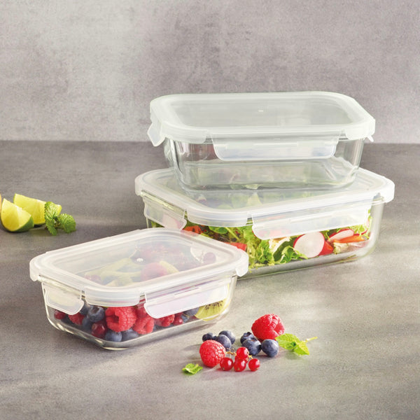 Set of 3 Glass Canisters with Airtight Lids - Transparent