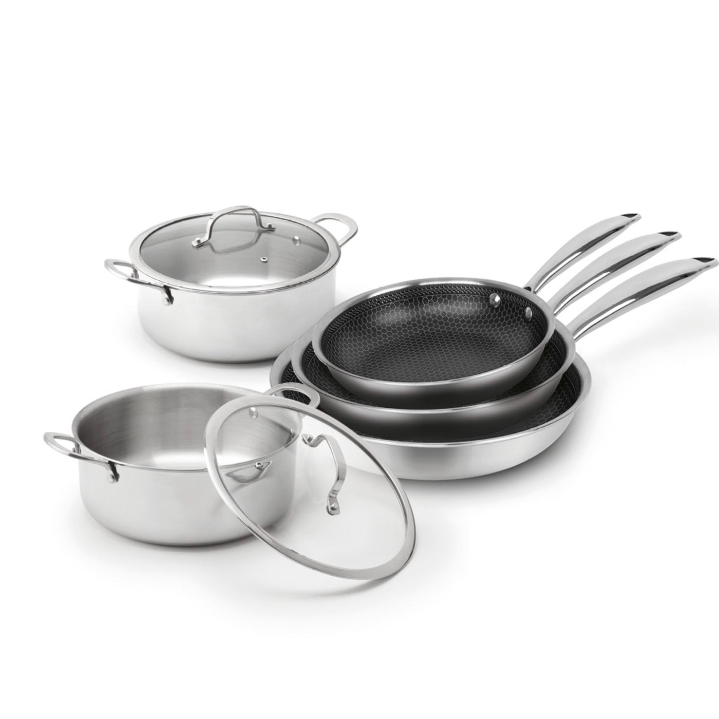 Set of 3 Stainless Steel Frying Pans + 2 Saucepans - Multinox Pro - Silver