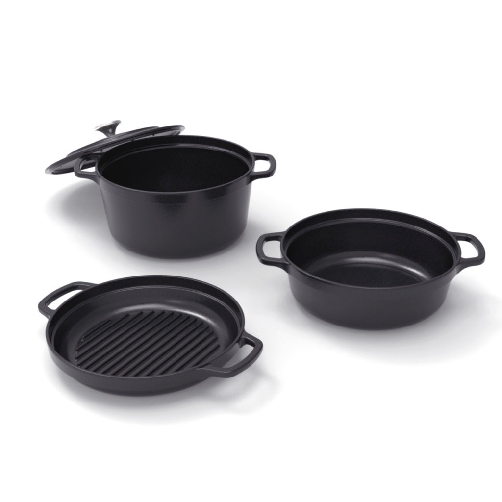 Stackable Cast Iron Cookware Set 4 Pieces (Casserole + Sauté Pan + Grill Pan) + 4 Silicone Protections - Black