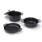 Stackable Cast Iron Cookware Set 4 Pieces (Casserole + Sauté Pan + Grill Pan) + 4 Silicone Protections - Black