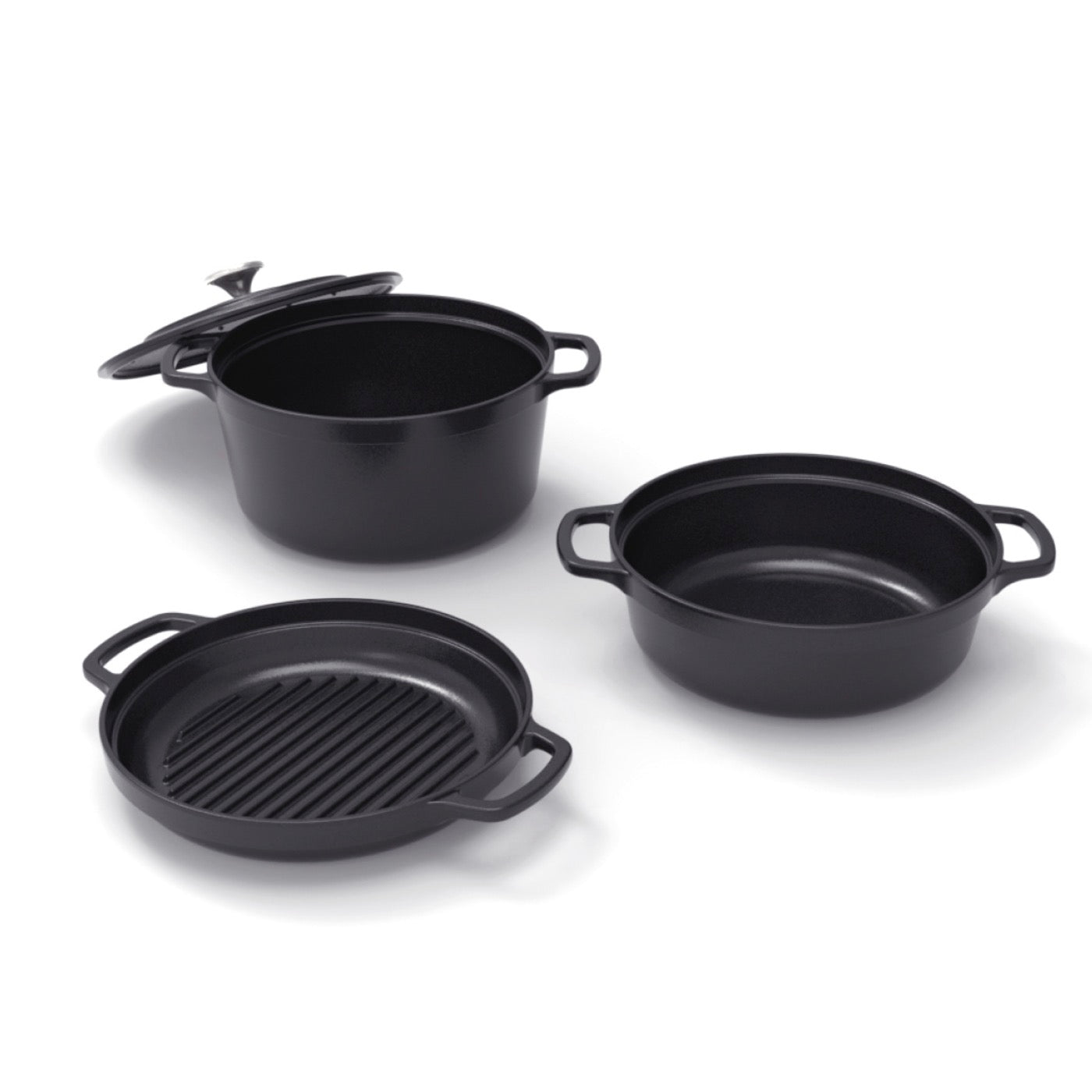 Stackable Cast Iron Cookware Set 4 Pieces (Casserole + Sauté Pan + Grill Pan) + 4 Silicone Protections - Black