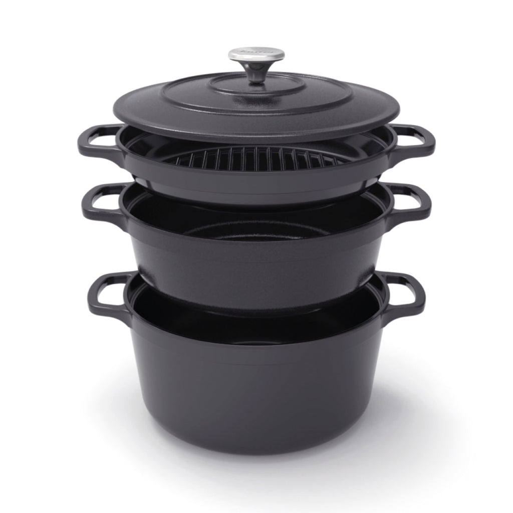 Stackable Cast Iron Cookware Set 4 Pieces (Casserole + Sauté Pan + Grill Pan) + 4 Silicone Protections - Black