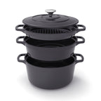 Stackable Cast Iron Cookware Set 4 Pieces (Casserole + Sauté Pan + Grill Pan) + 4 Silicone Protections - Black