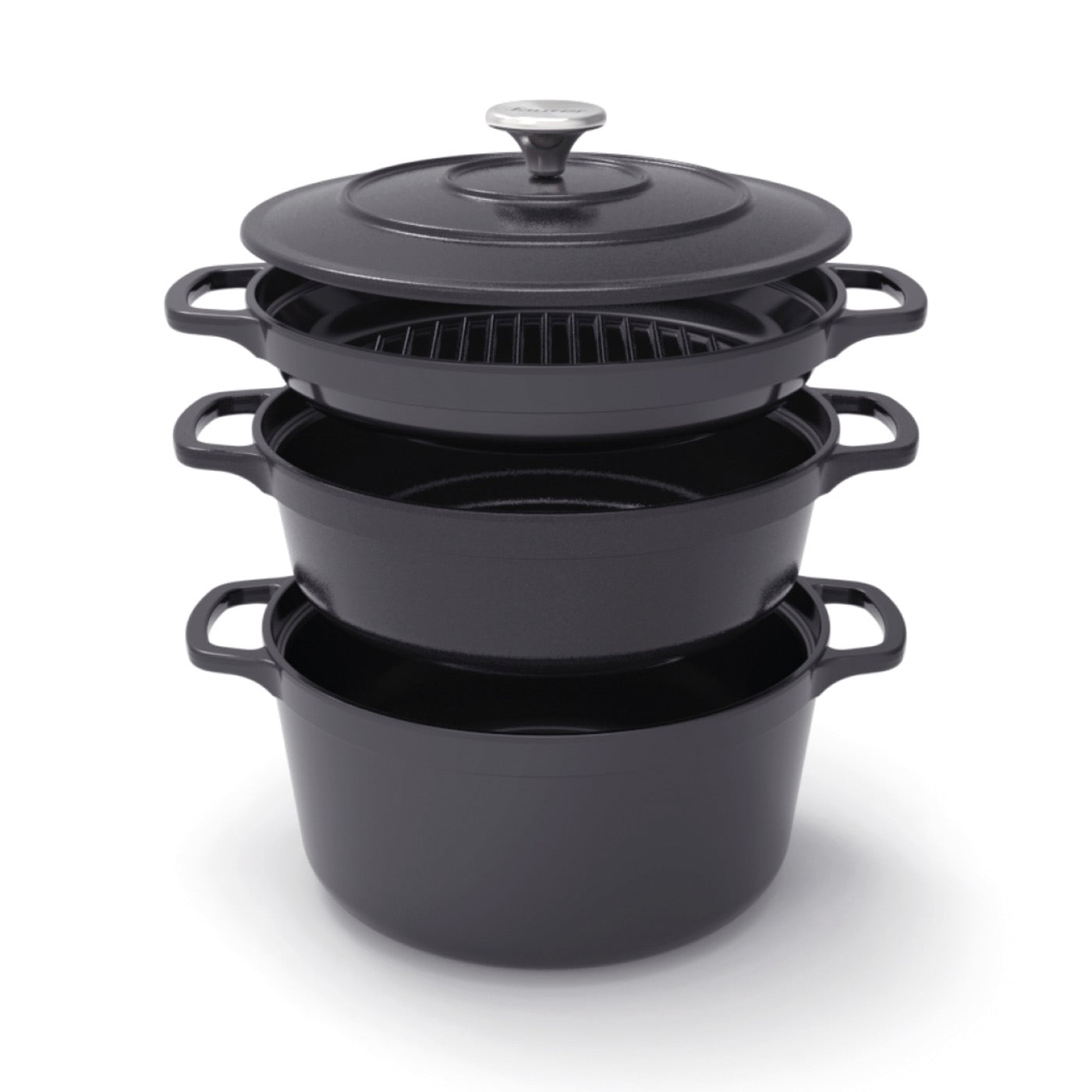 Stackable Cast Iron Cookware Set 4 Pieces (Casserole + Sauté Pan + Grill Pan) + 4 Silicone Protections - Black