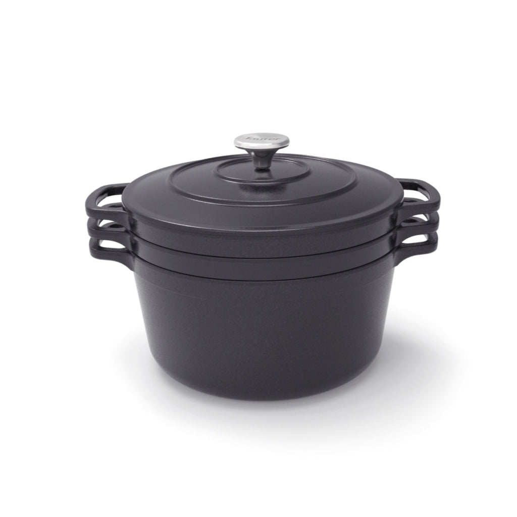 Stackable Cast Iron Cookware Set 4 Pieces (Casserole + Sauté Pan + Grill Pan) + 4 Silicone Protections - Black