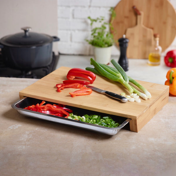 Cutting Block With Integrated Drawer Tray - Bamboo - Wood