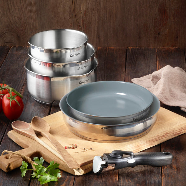 Non-Stick Stackable Battery with Removable Handle 6 Pieces - Amo Ceramic Gray - Silver