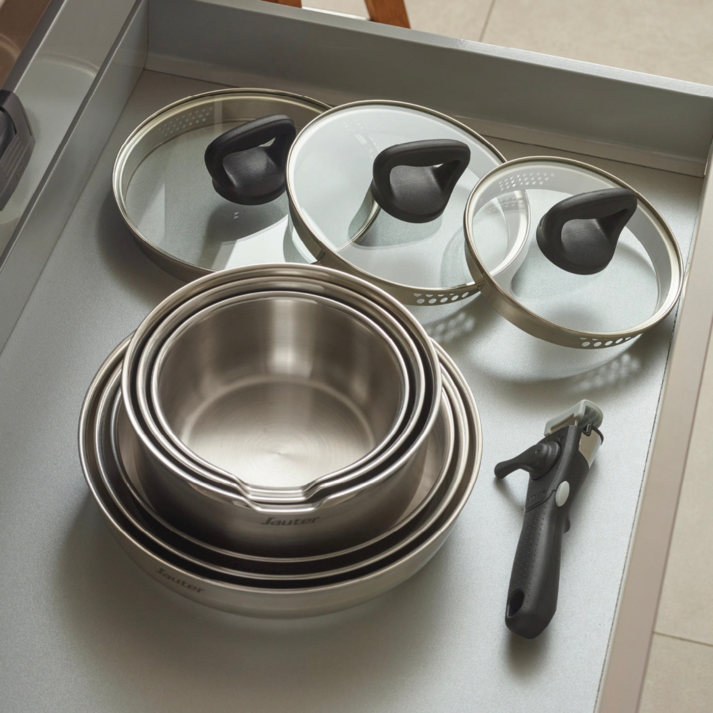 Set of 3 Non-Stick Frying Pans with Removable Handle - Amo Ceramic Grey - Silver