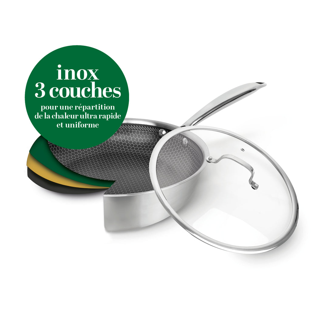 Wok En Acier Inoxydable Triply Revêtement Nid D'Abeille Anti-Adhésif 30 Cm - Argenté