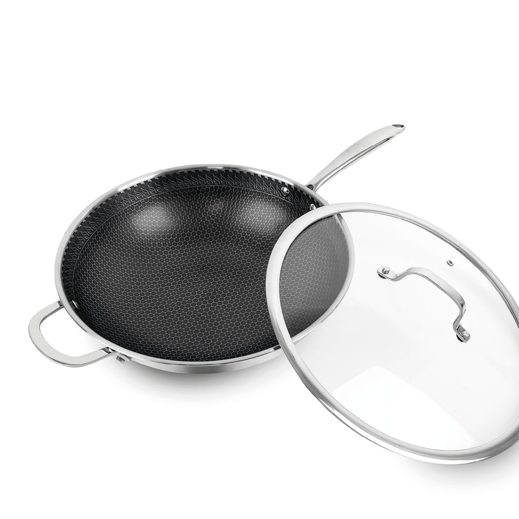 Wok En Acier Inoxydable Triply Revêtement Nid D'Abeille Anti-Adhésif 30 Cm - Argenté
