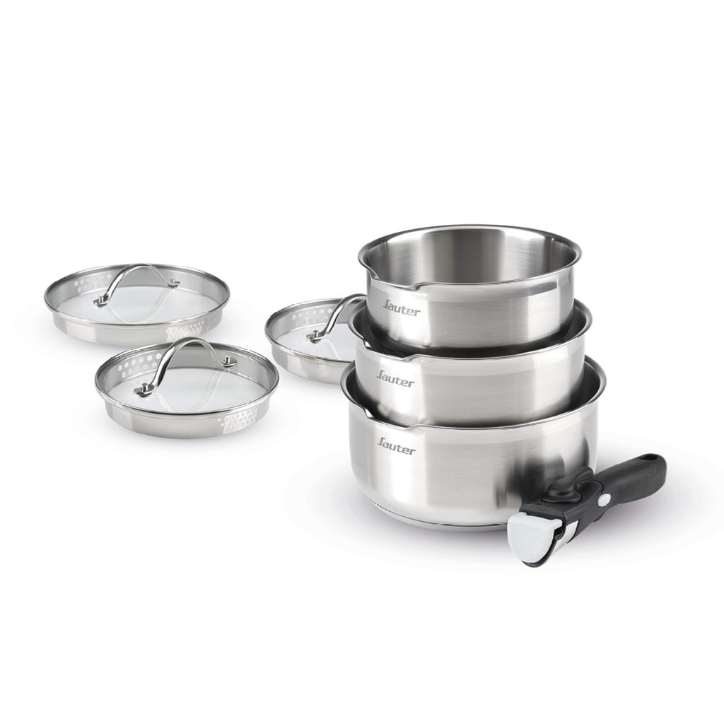 Set of 3 Stainless Steel Saucepans with Removable Handle + 3 Strainer Lids with Stainless Steel Handle - Silver
