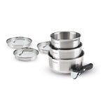 Set of 3 Stainless Steel Saucepans with Removable Handle + 3 Strainer Lids with Stainless Steel Handle - Silver