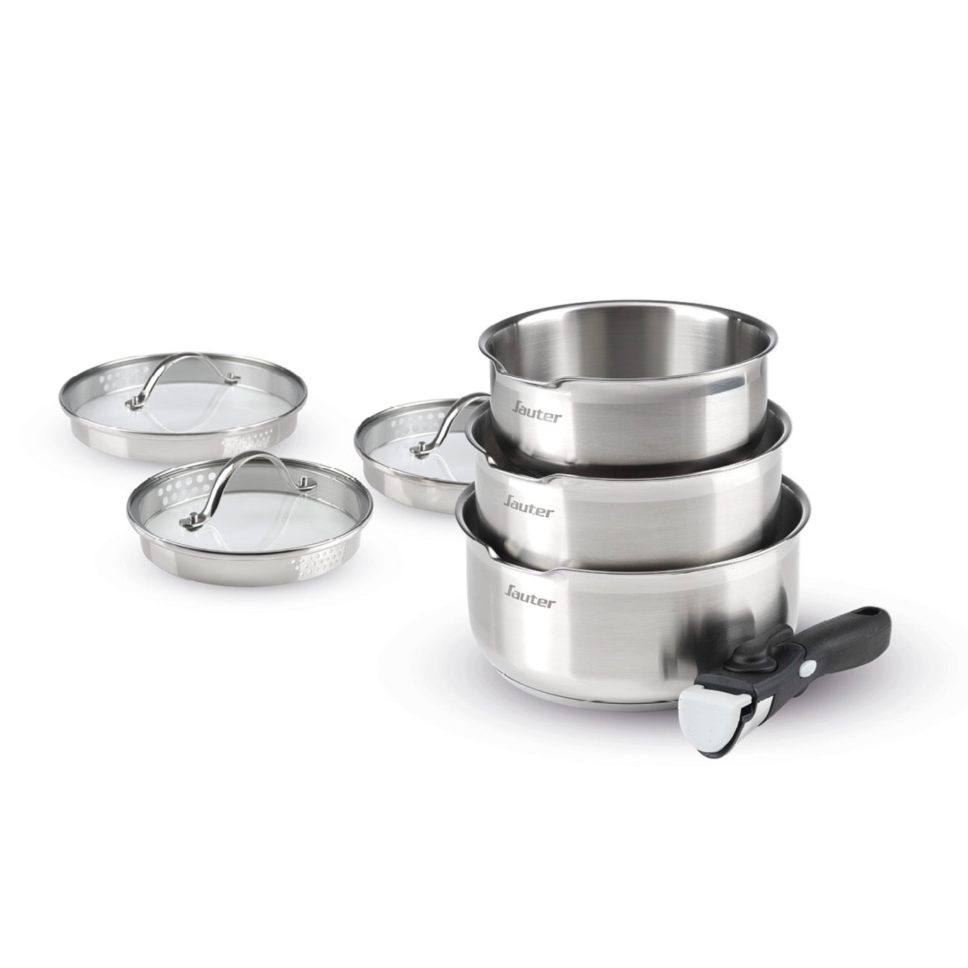 Set of 3 Stainless Steel Saucepans with Removable Handle + 3 Strainer Lids with Stainless Steel Handle - Silver