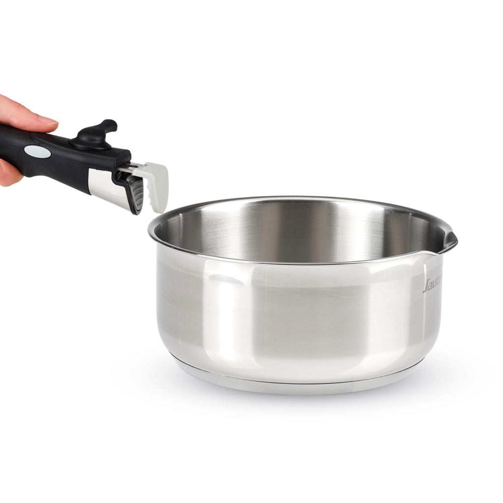Set of 3 Stainless Steel Saucepans with Removable Handle + 3 Strainer Lids with Stainless Steel Handle - Silver
