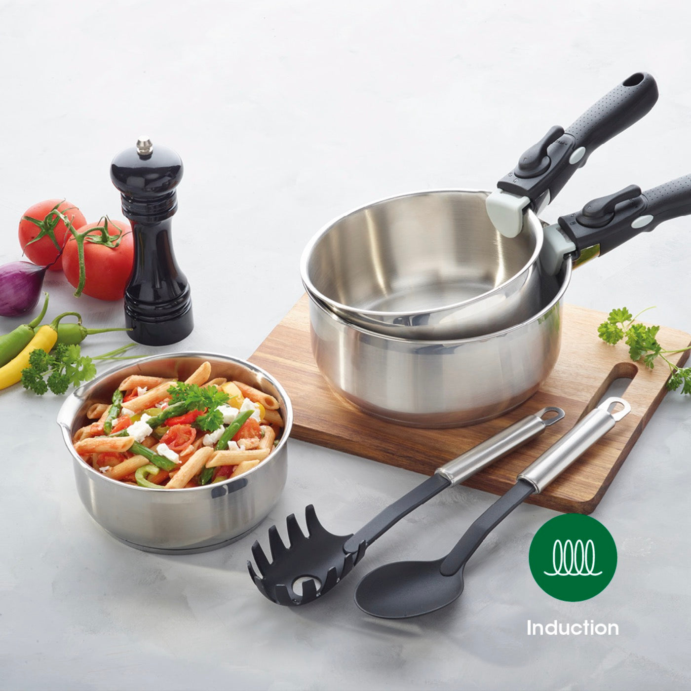Set of 3 Stainless Steel Saucepans with Removable Handle + 3 Strainer Lids with Stainless Steel Handle - Silver