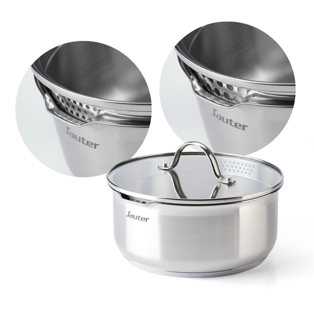 Set of 3 Stainless Steel Saucepans with Removable Handle + 3 Strainer Lids with Stainless Steel Handle - Silver