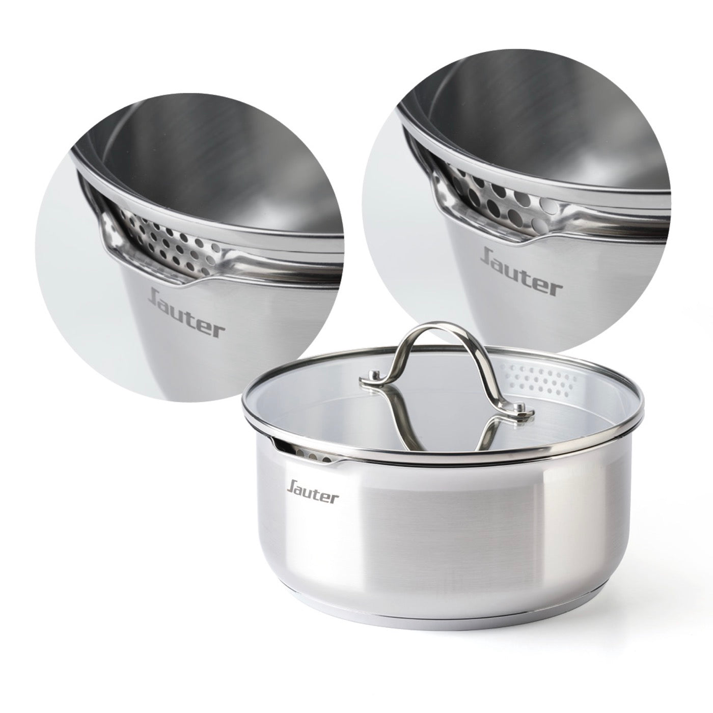 Set of 3 Stainless Steel Saucepans with Removable Handle + 3 Strainer Lids with Stainless Steel Handle - Silver