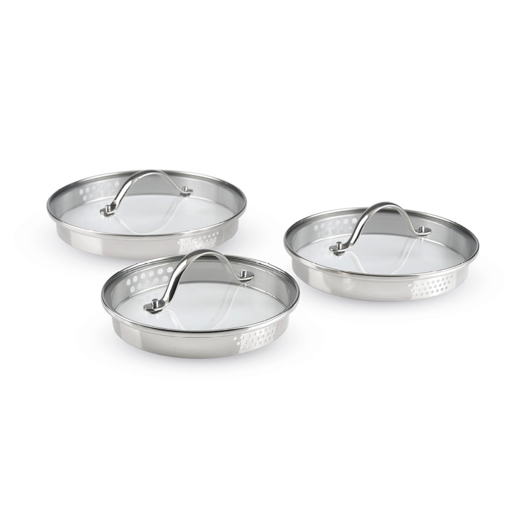 Set of 3 Stainless Steel Saucepans with Removable Handle + 3 Strainer Lids with Stainless Steel Handle - Silver