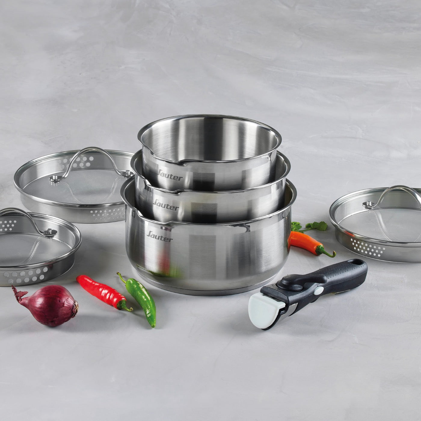 Set of 3 Stainless Steel Saucepans with Removable Handle + 3 Strainer Lids with Stainless Steel Handle - Silver