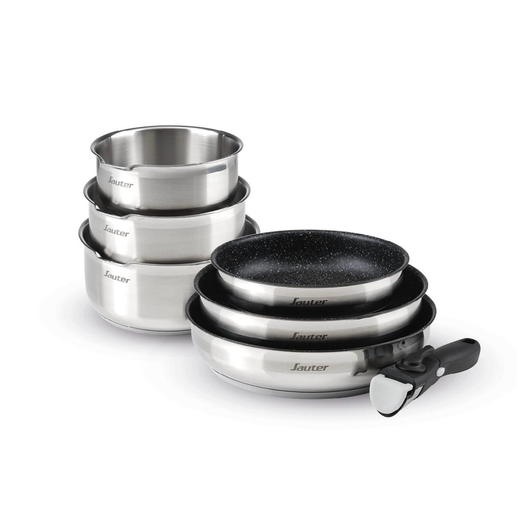 Set of 3 Stainless Steel Saucepans + 3 Frying Pans with Non-Stick Coating + Removable Handle - Silver/Black