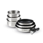 Set of 3 Stainless Steel Saucepans + 3 Frying Pans with Non-Stick Coating + Removable Handle - Silver/Black