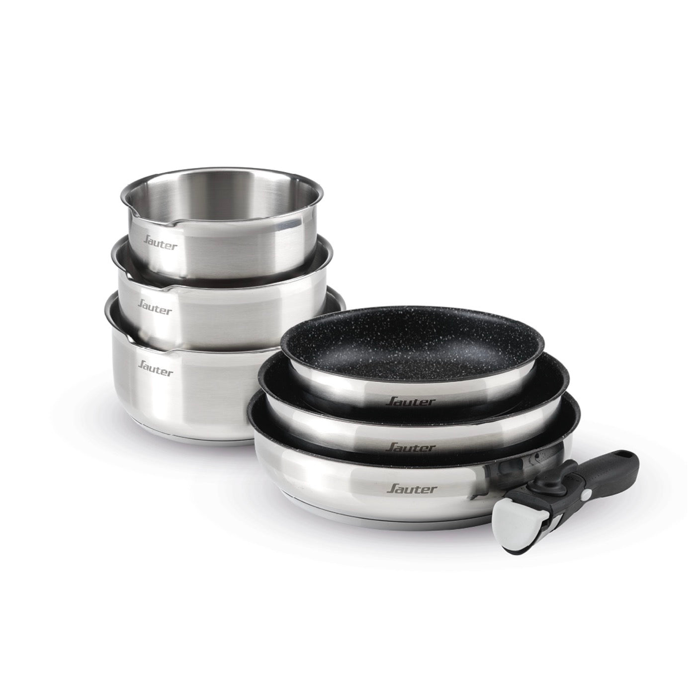 Set of 3 Stainless Steel Saucepans + 3 Frying Pans with Non-Stick Coating + Removable Handle - Silver/Black