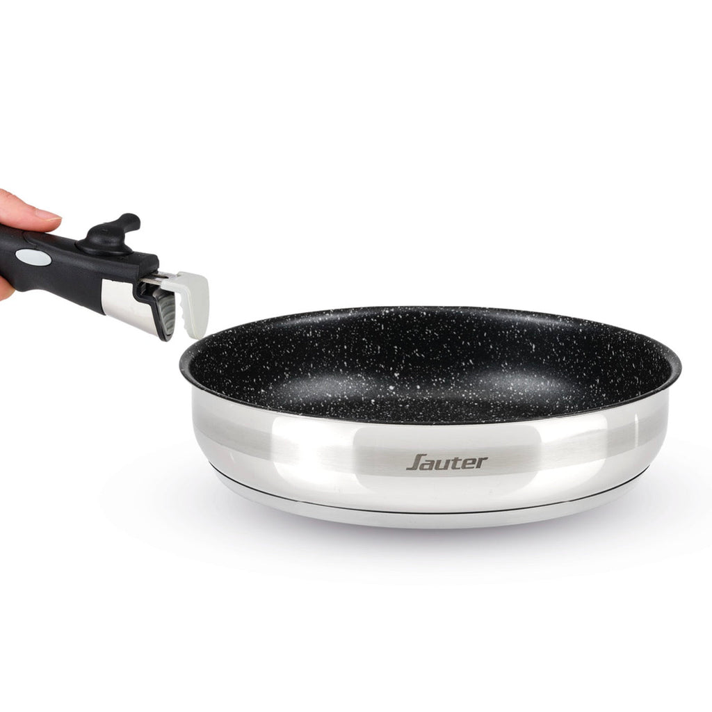 Set of 3 Stainless Steel Saucepans + 3 Frying Pans with Non-Stick Coating + Removable Handle - Silver/Black