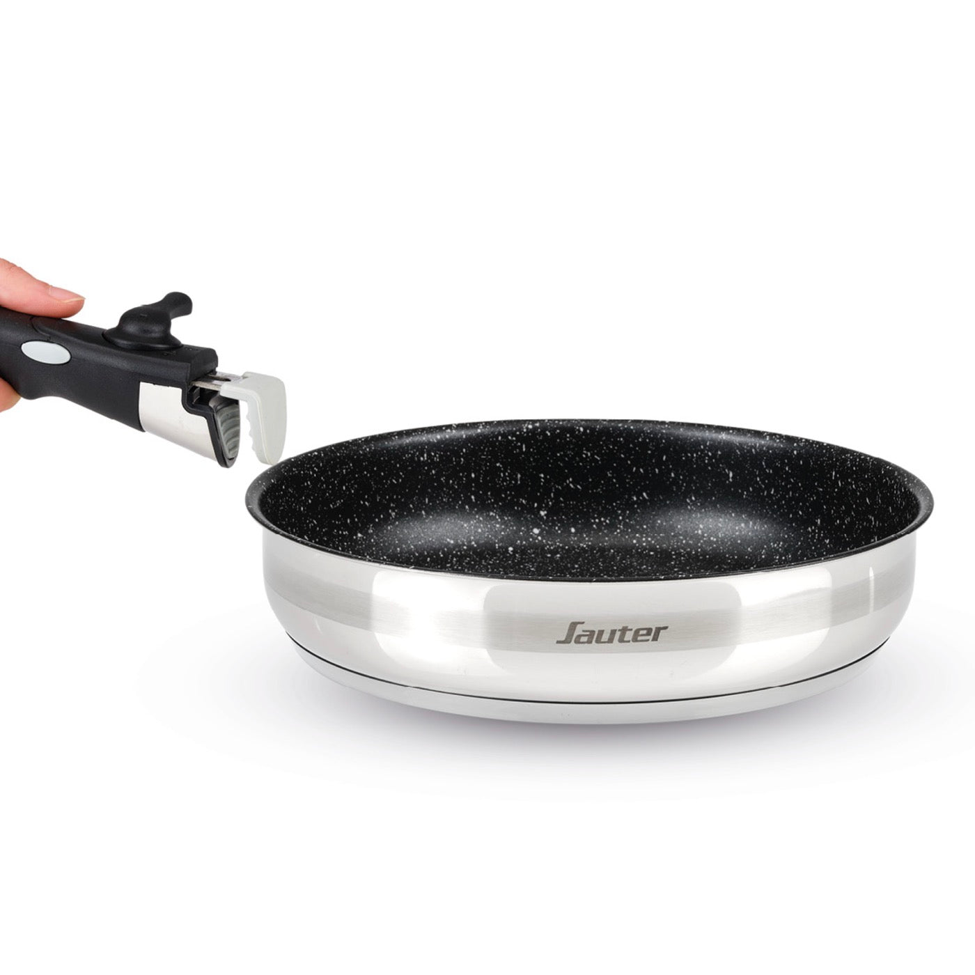 Set of 3 Stainless Steel Saucepans + 3 Frying Pans with Non-Stick Coating + Removable Handle - Silver/Black