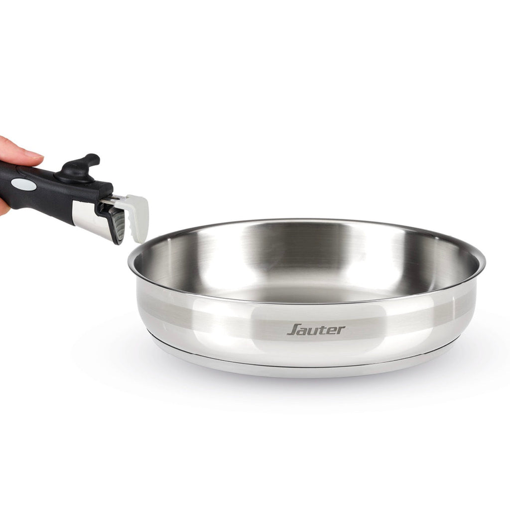 Set of 3 Stainless Steel Saucepans + 3 Frying Pans + 1 Removable Handle + 3 Colander Lids with Stainless Steel Handle - Silver